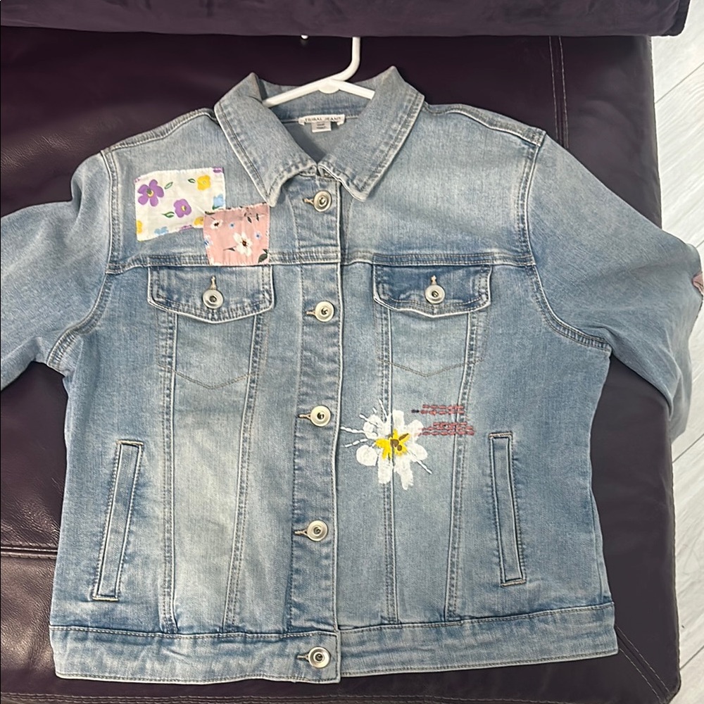 Womans Denim Jacket with Floral Patches